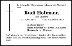 Traueranzeige Rudi Hofmann