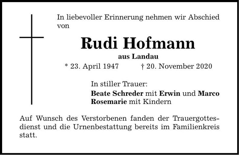 Traueranzeige Rudi Hofmann