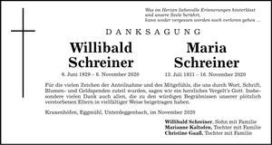 Traueranzeige Willibald und Maria Schreiner