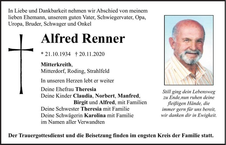 Traueranzeige Alfred Renner