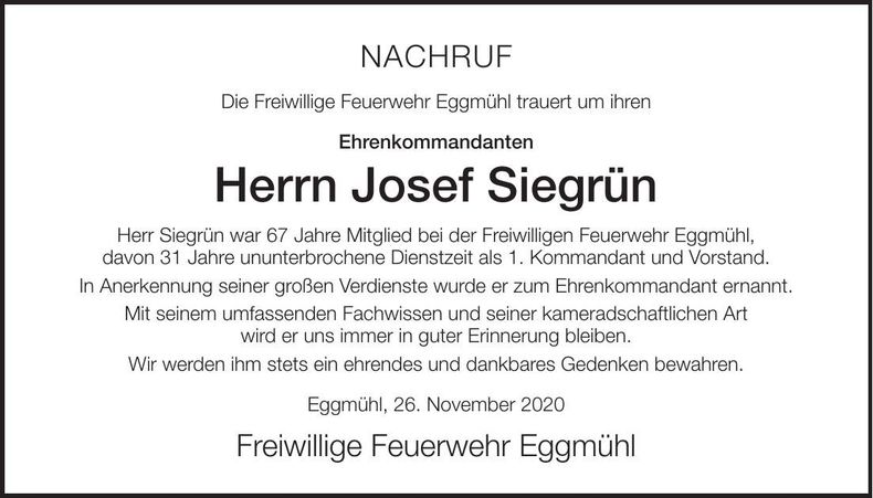 Traueranzeige Josef Siegrün