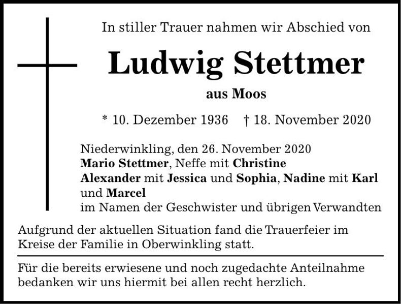 Traueranzeige Ludwig Stettmer