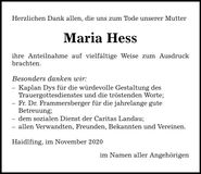Traueranzeige Maria Hess