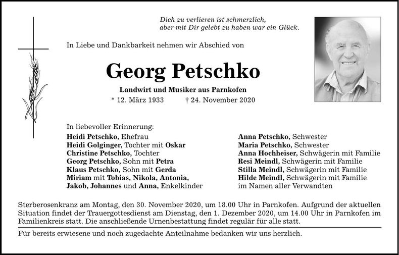 Traueranzeige Georg Petschko