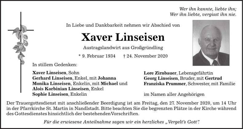 Traueranzeige Xaver Linseisen