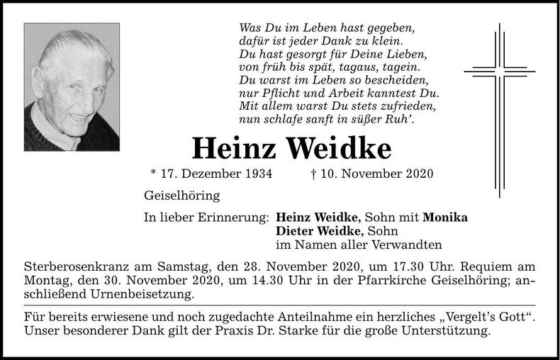 Traueranzeige Heinz Weidke