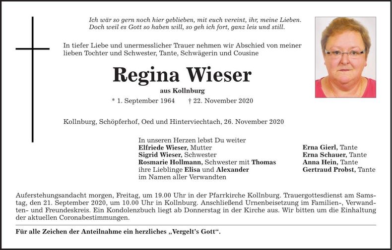 Traueranzeige Wieser Regina