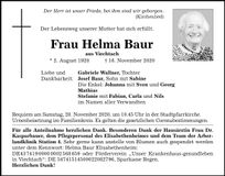 Traueranzeige Helma Baur