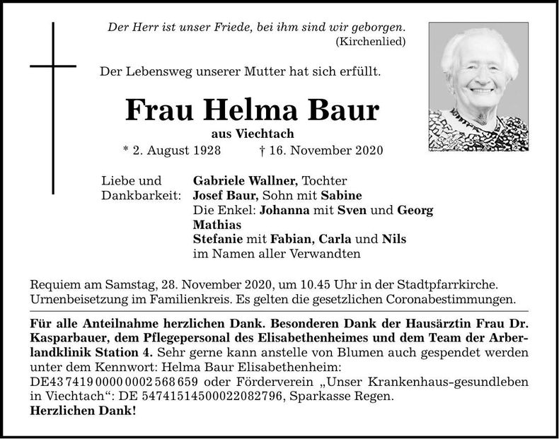 Traueranzeige Helma Baur