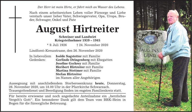 Traueranzeige August Hirtreiter