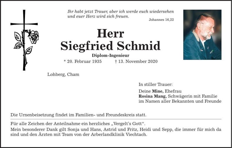 Traueranzeige Siegfried Schmid