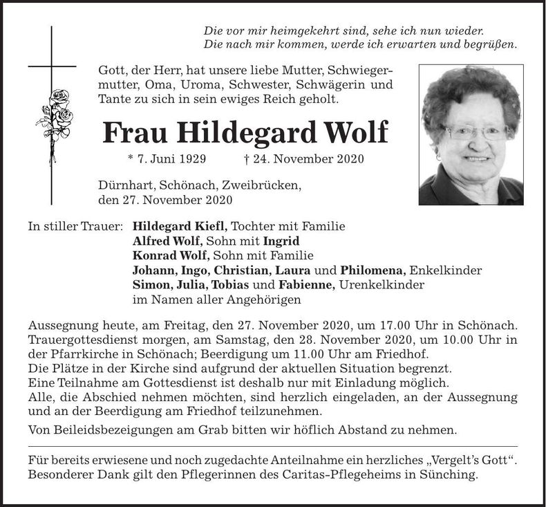 Traueranzeige Hildegard Wolf
