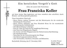 Traueranzeige Franziska Koller