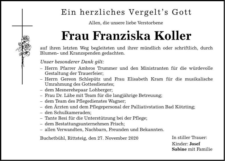 Traueranzeige Franziska Koller