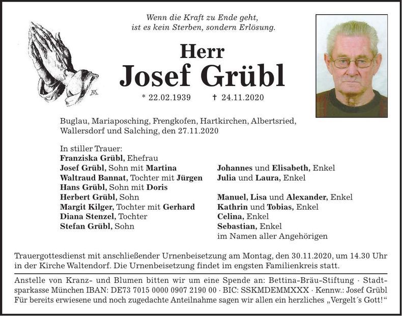 Traueranzeige Josef Grübl