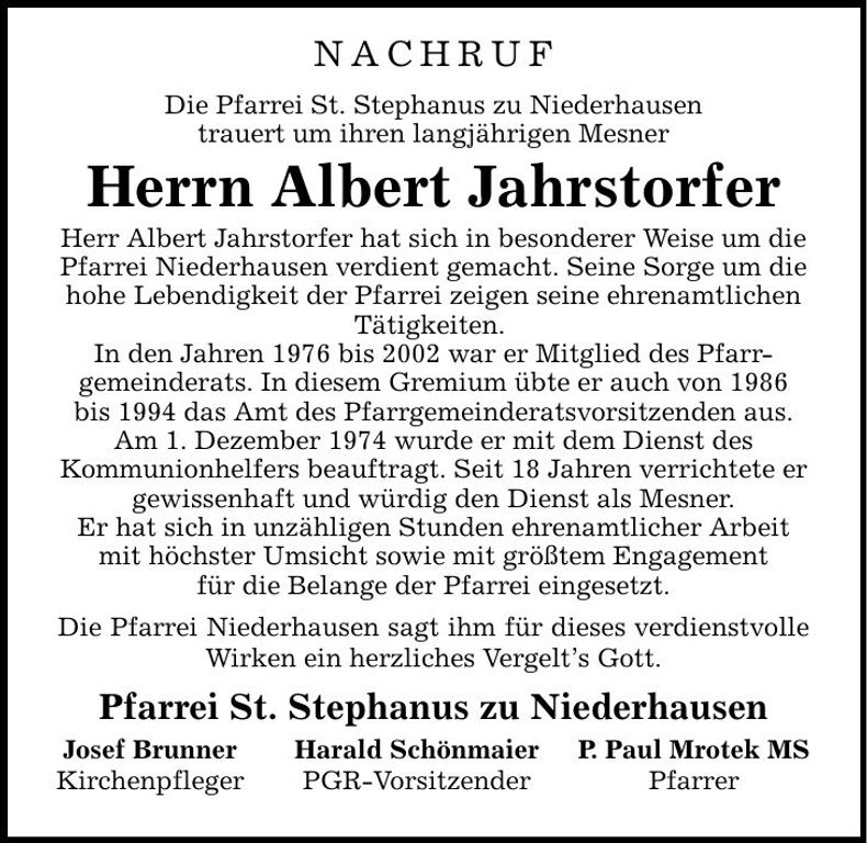 Traueranzeige Albert Jahrstorfer