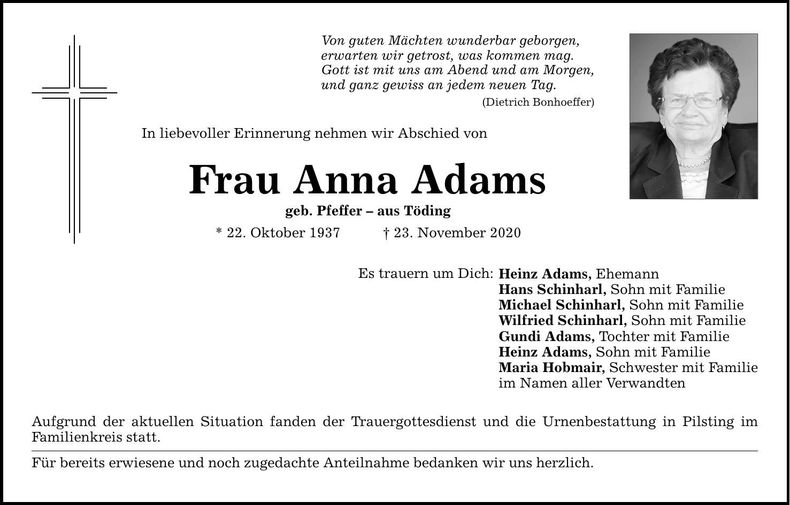 Traueranzeige Anna Adams