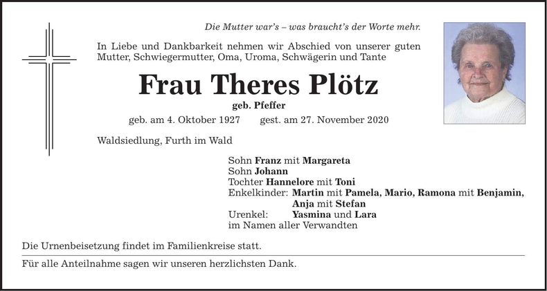 Traueranzeige Theres Plötz