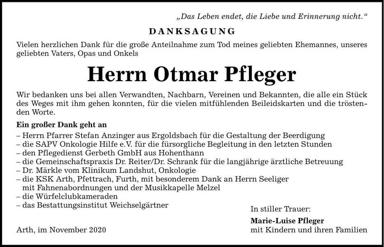 Traueranzeige Otmar Pfleger