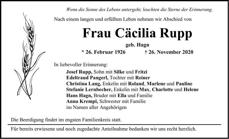 Traueranzeige Cäcilia Rupp