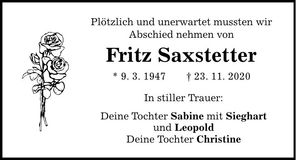 Traueranzeige Fritz Saxstetter