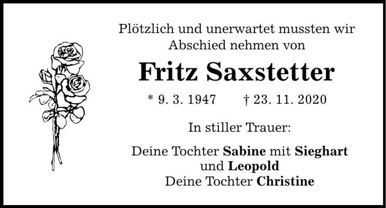 Traueranzeige Fritz Saxstetter