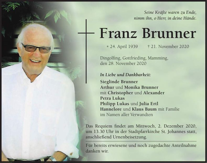 Traueranzeige Franz Brunner
