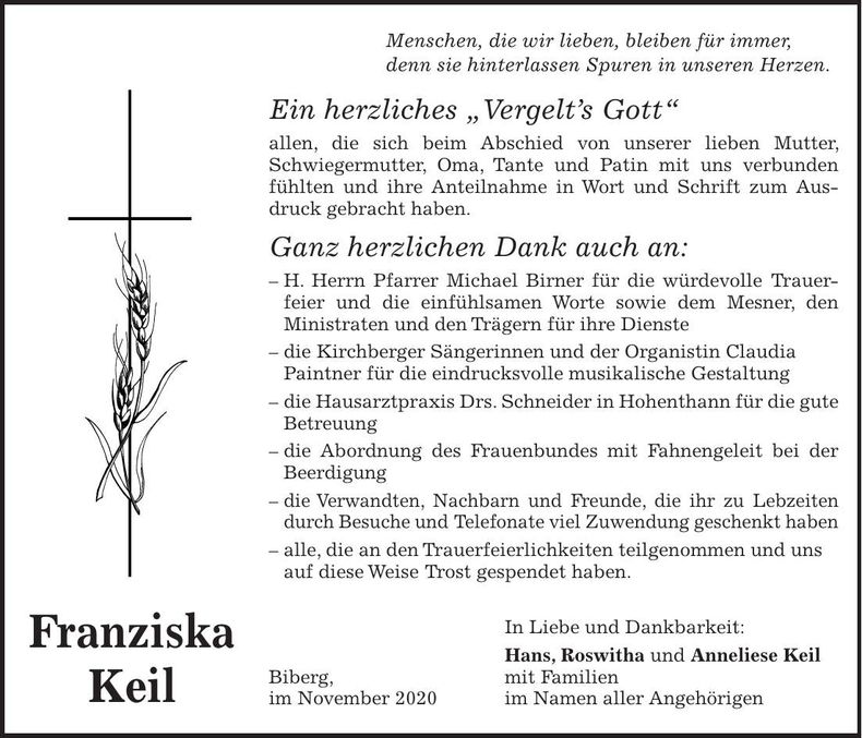 Traueranzeige Franziska Keil