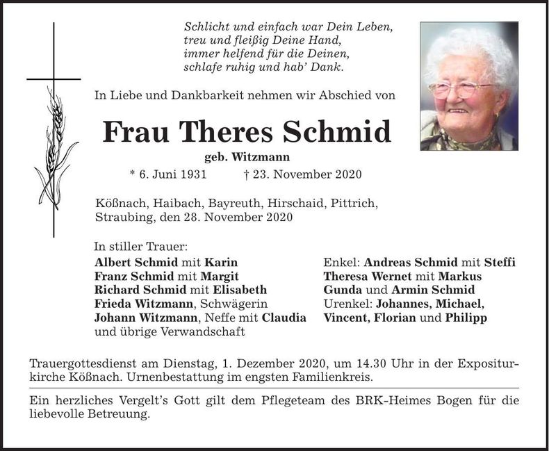 Traueranzeige Theres Schmid