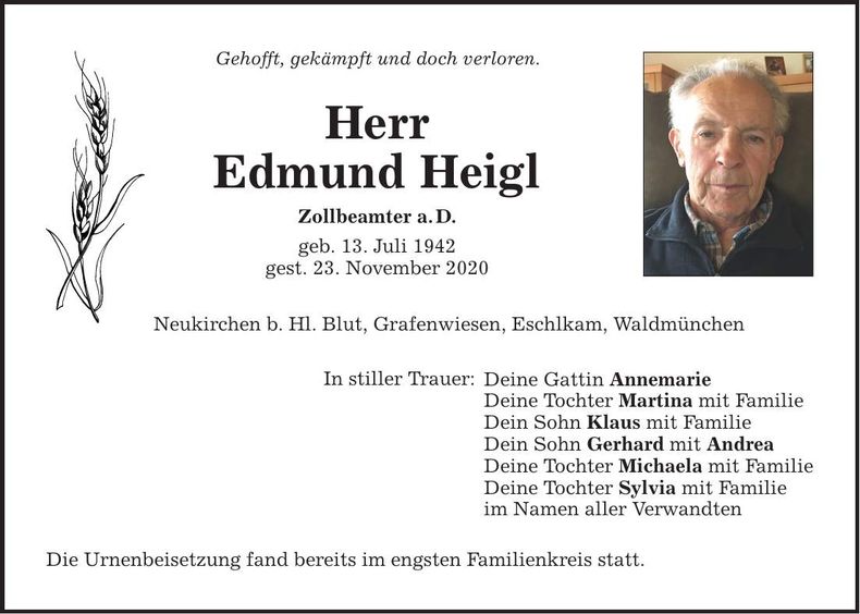 Traueranzeige Edmund Heigl