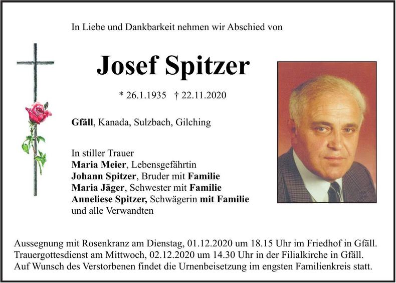Traueranzeige Josef Spitzer