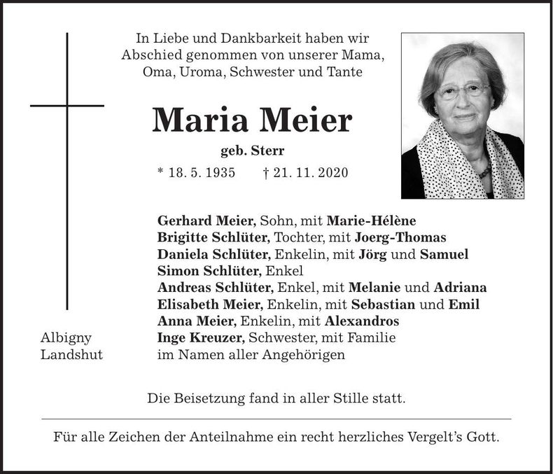 Traueranzeige Maria Meier