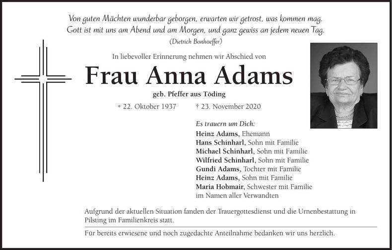 Traueranzeige Anna Adams