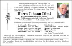 Traueranzeige Johann Dietl