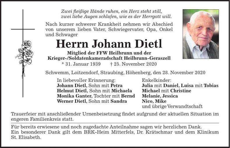Traueranzeige Johann Dietl