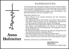 Traueranzeige Anna Hofstetter