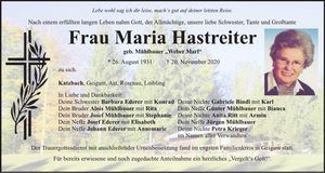 Traueranzeige Maria Hastreiter