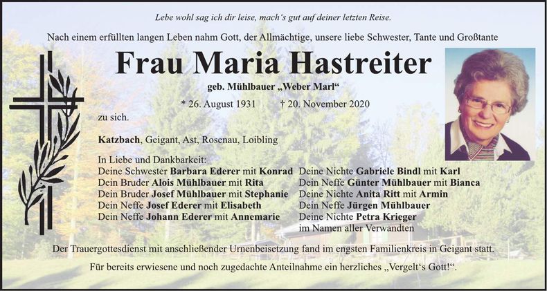 Traueranzeige Maria Hastreiter