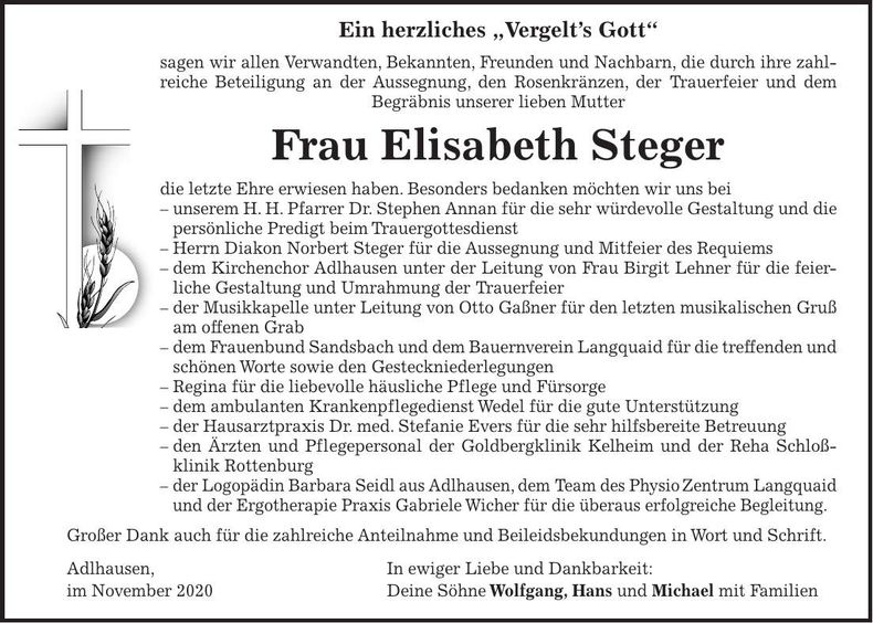 Traueranzeige Elisabeth Steger