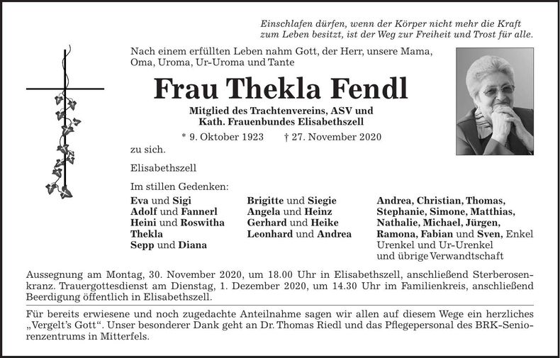 Traueranzeige Thekla Fendl