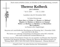 Traueranzeige Therese Kolbeck