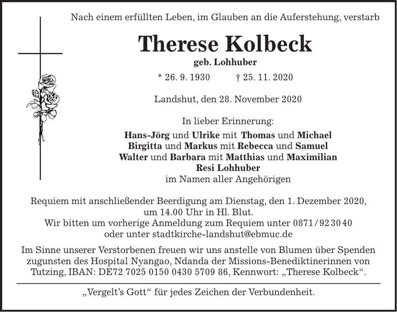 Traueranzeige Therese Kolbeck