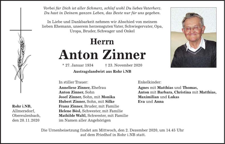 Traueranzeige Anton Zinner