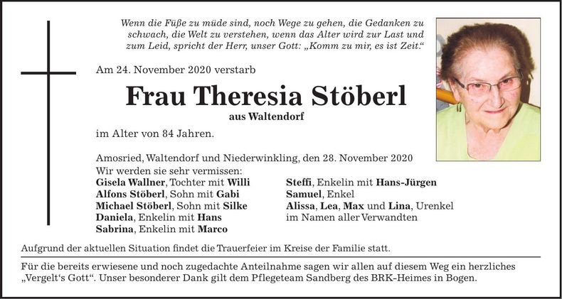 Traueranzeige Theresia Stöberl