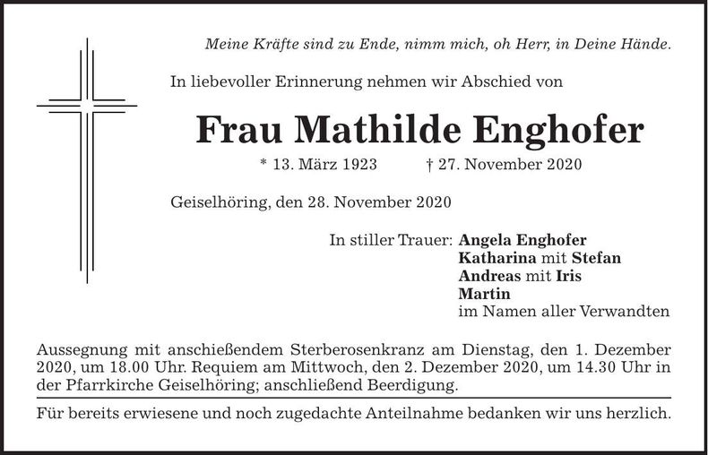 Traueranzeige Mathilde Enghofer