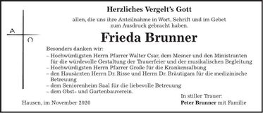 Traueranzeige Frieda Brunner
