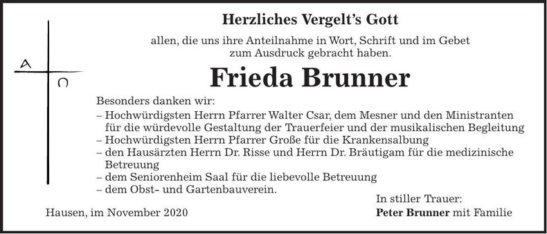 Traueranzeige Frieda Brunner