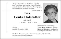 Traueranzeige Centa Hofstätter