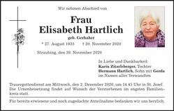 Traueranzeige Elisabeth Hartlich