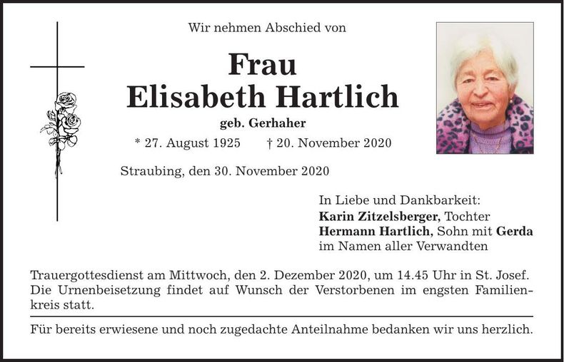 Traueranzeige Elisabeth Hartlich